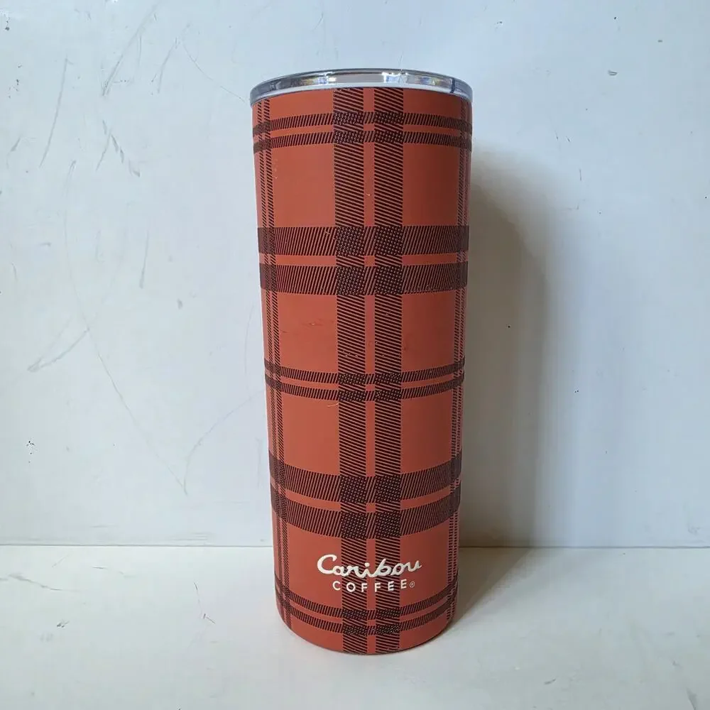 Caribou Coffee Travel Mug Stainless Steel Cup 20 Oz Salmon Plaid 2022 Lid
